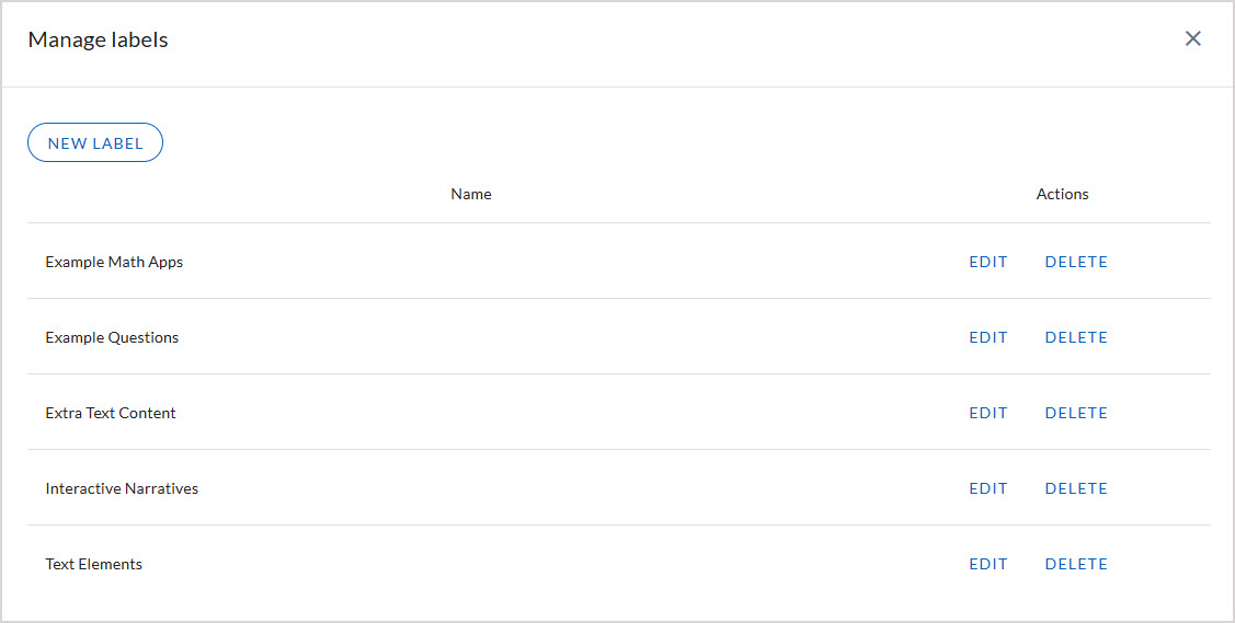 After selecting Manage labels, the dialog box has a New Label button, and a table with the Name column, then the Actions column containing Edit and Delete buttons.